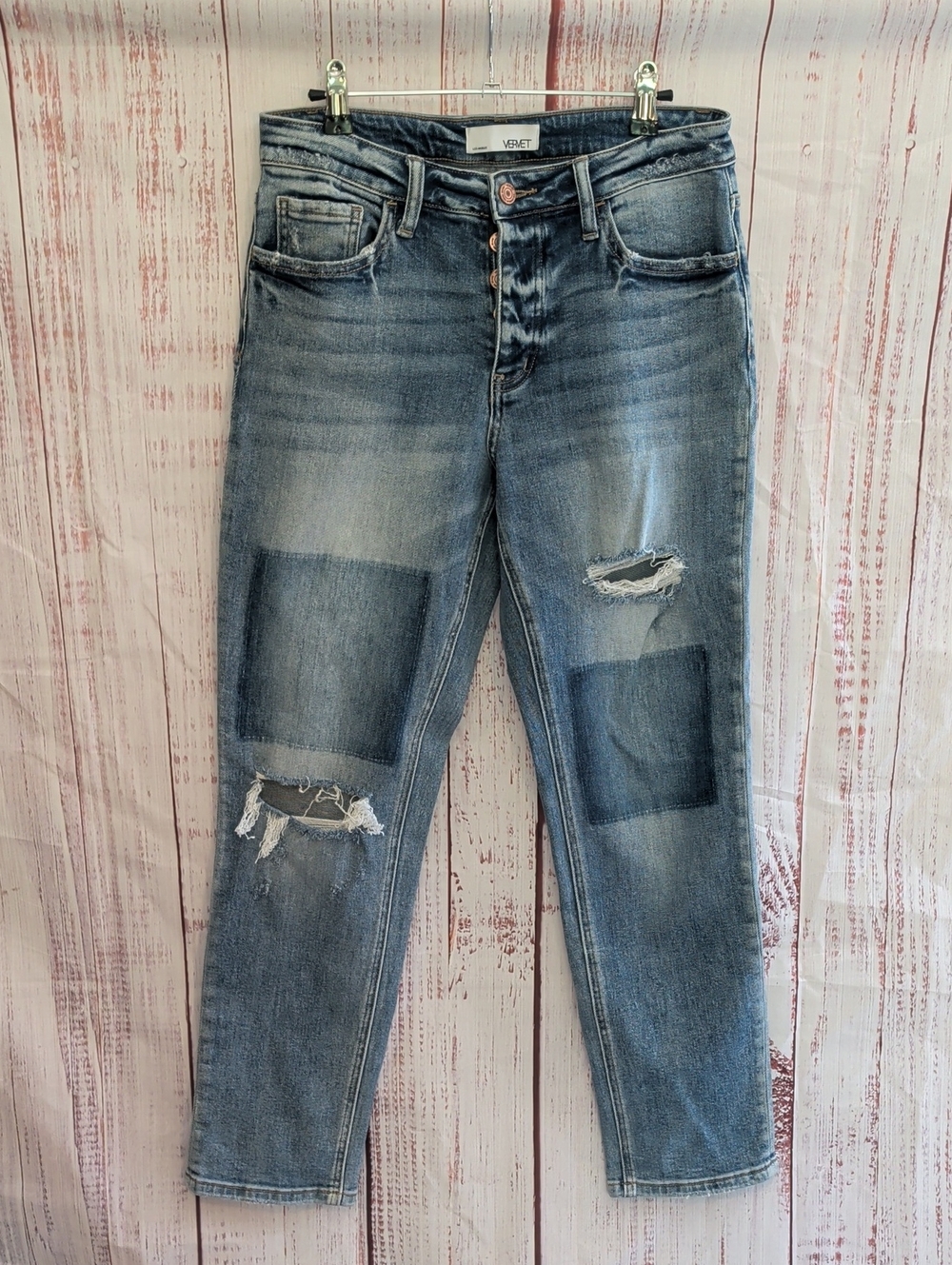 VERVET BY FLYING MONKEY Women's Light Blue Distressed Patchwork Boyfriend Jeans